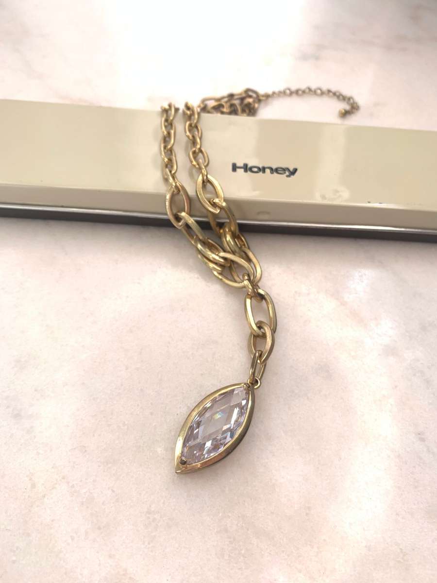 Gold Plated Honey Branded Necklace With Large White Marquise Shaped Bead #ML917 R245.00 | Dimensi...