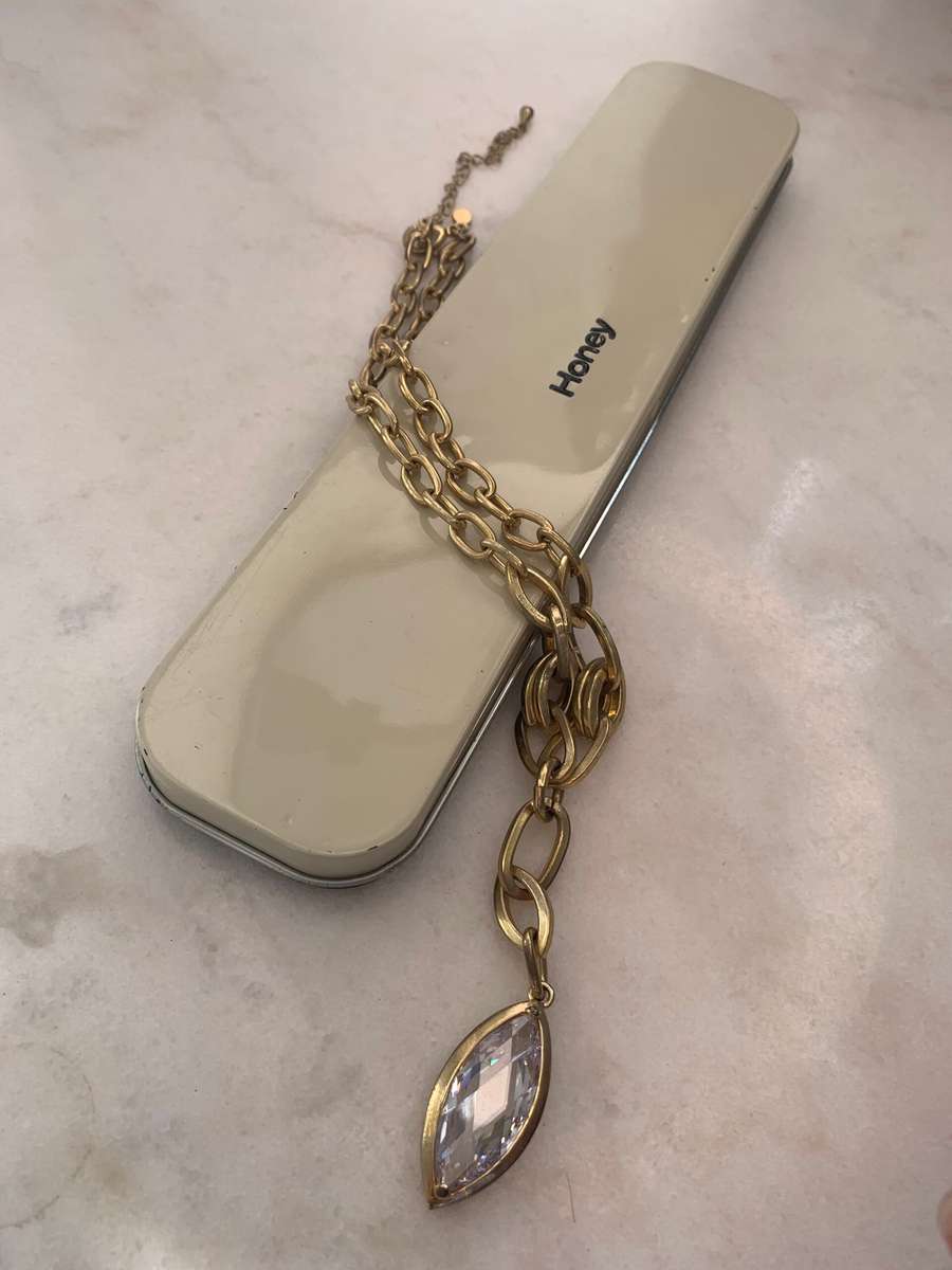 Gold Plated Honey Branded Necklace With Large White Marquise Shaped Bead #ML917 R245.00 | Dimensi...