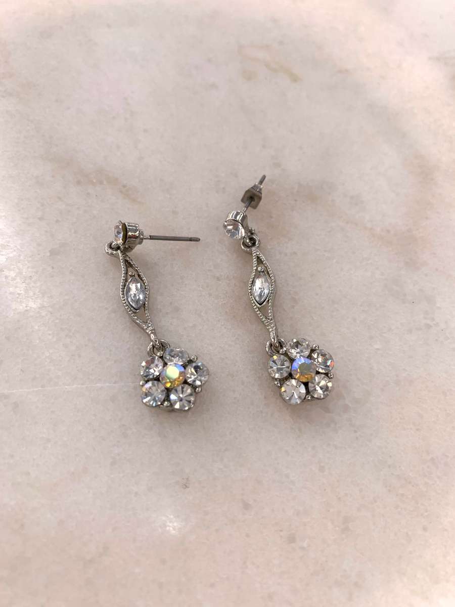 Silver Colour Drop Earrings With White Stones In Flower Shape on End #ML939 R295.00