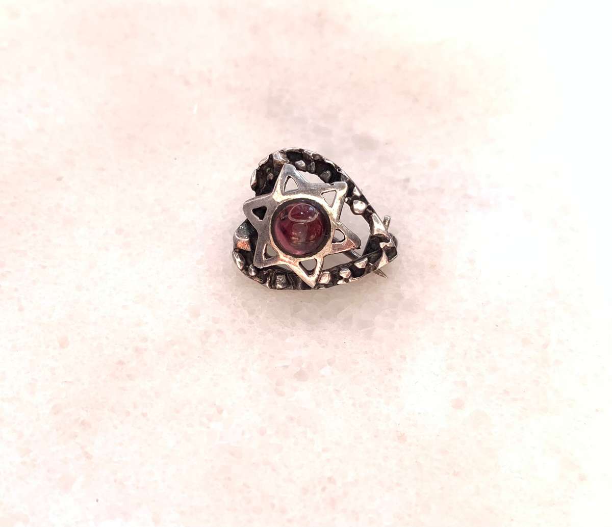 Brooch - Silver Coloured Magen David (Star Of David) on Patterned Border, Brown Stone #ML968 R195...