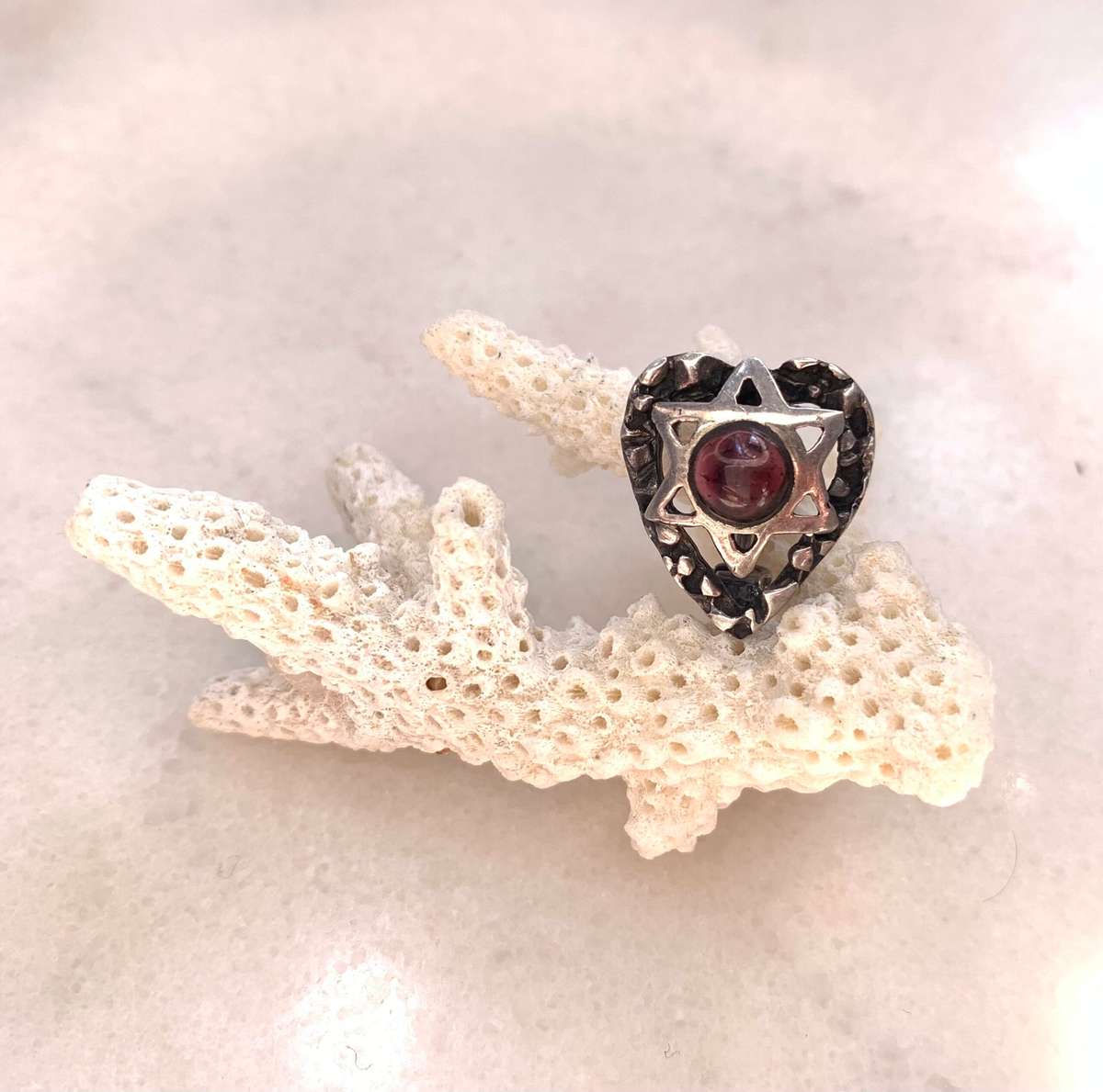 Brooch - Silver Coloured Magen David (Star Of David) on Patterned Border, Brown Stone #ML968 R195...