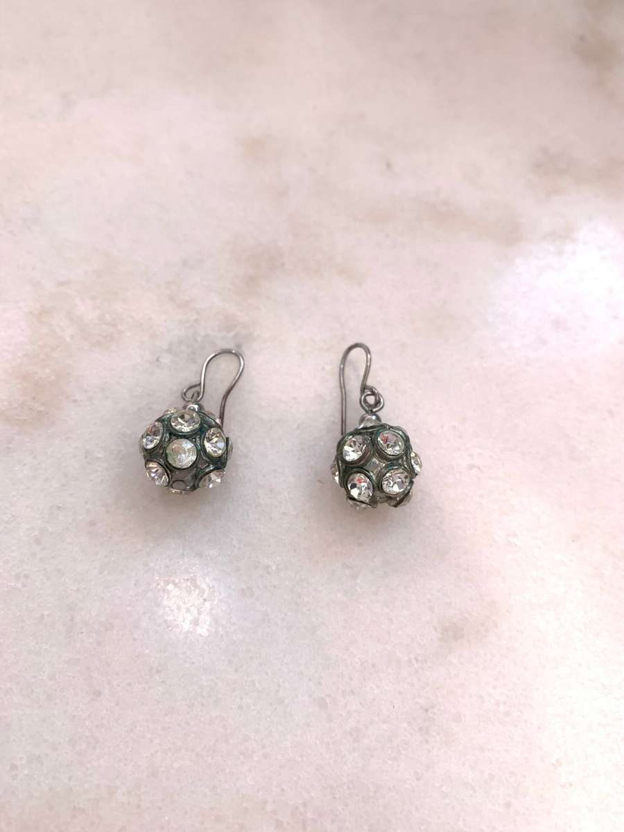 Earrings - Silver Tone Shepherds Hook. Diamante Stones Set On Silver Style Round Ball #ML972 R195...