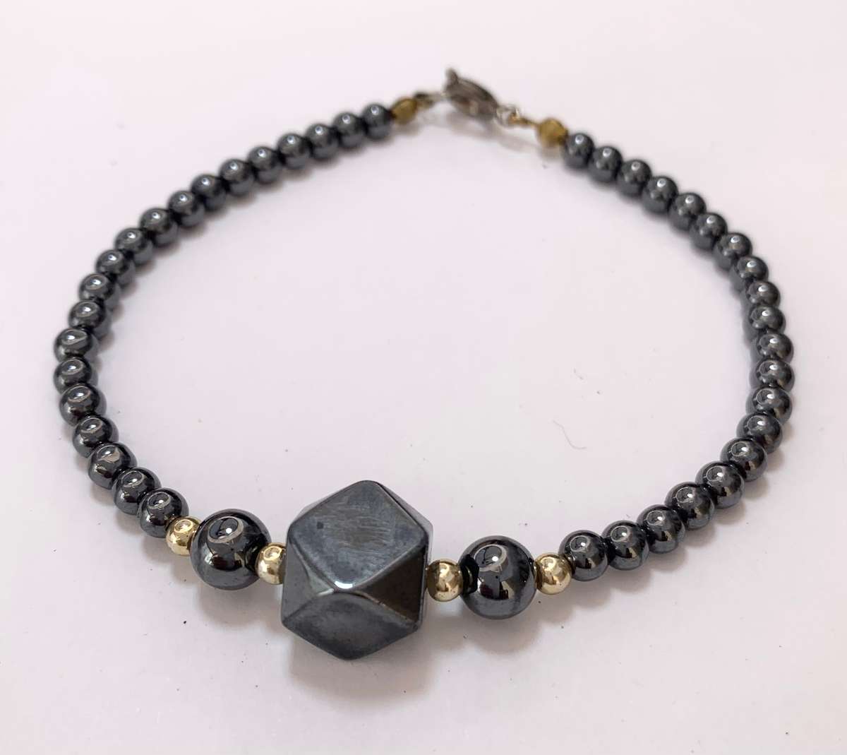 Bracelet - Dark Silver Grey Beads and Angular Centerpiece #ML1070