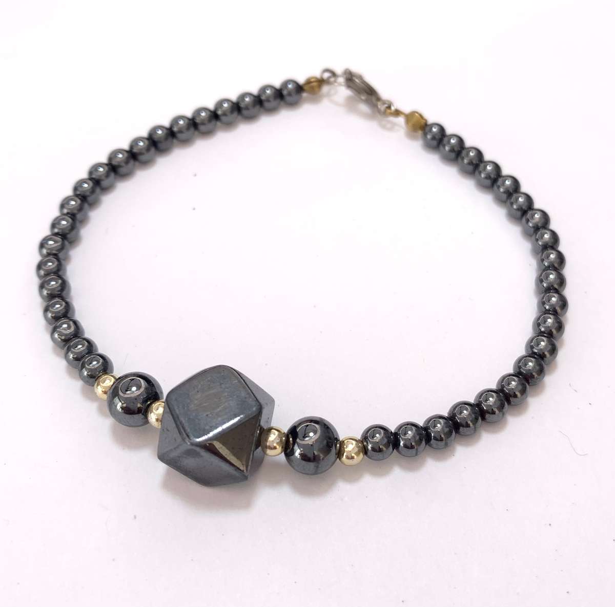 Bracelet - Dark Silver Grey Beads and Angular Centerpiece #ML1070