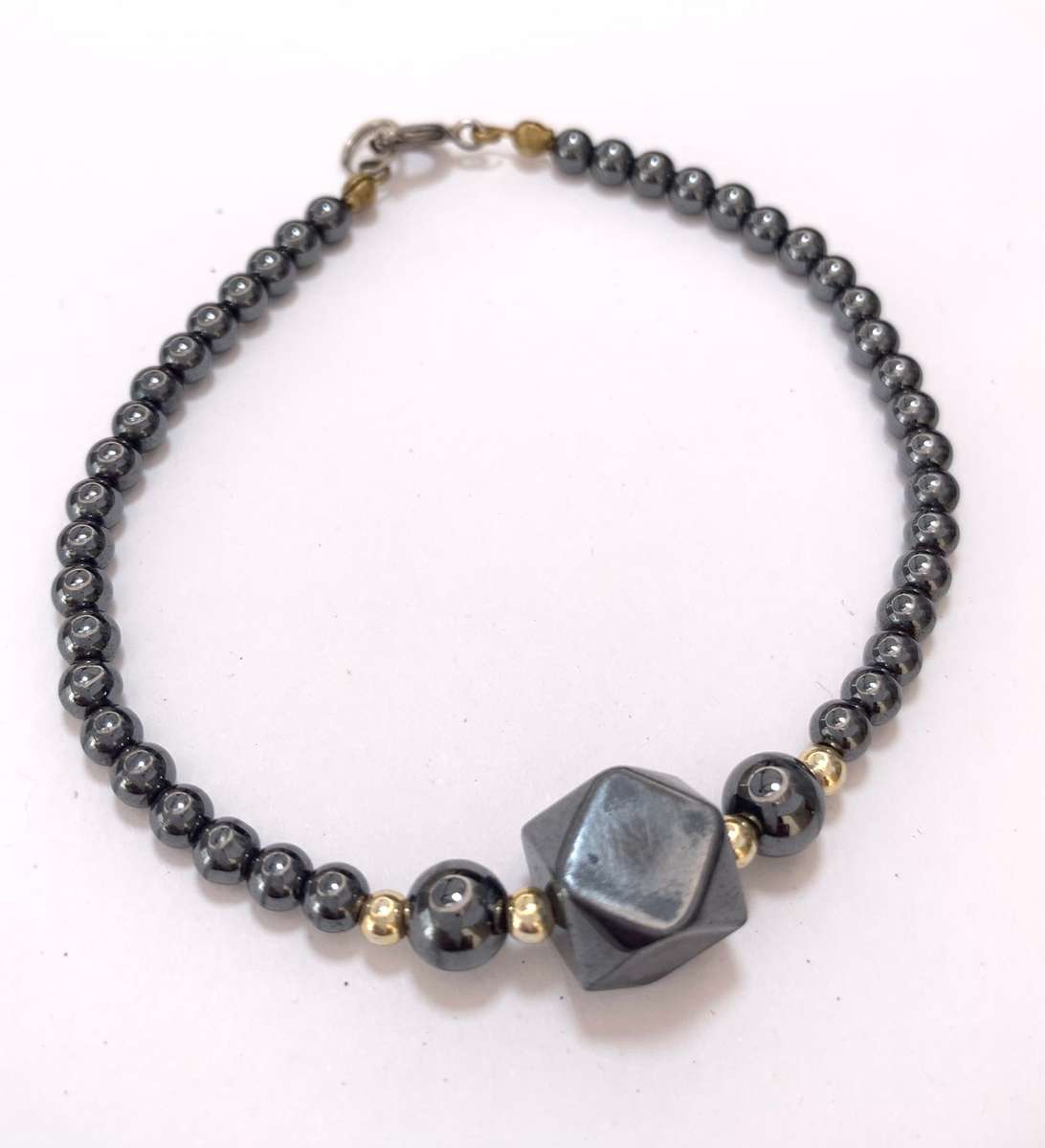 Bracelet - Dark Silver Grey Beads and Angular Centerpiece #ML1070