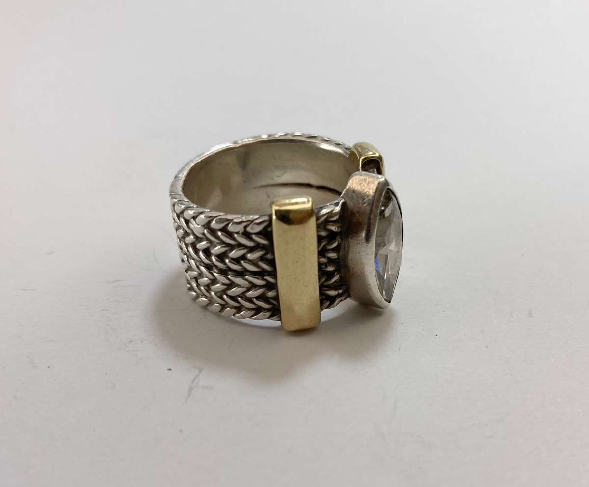 Ring - Heavy Silver Ring, Gold Bands Across Patterned Lines. Central Marquise White Stone #ML1173