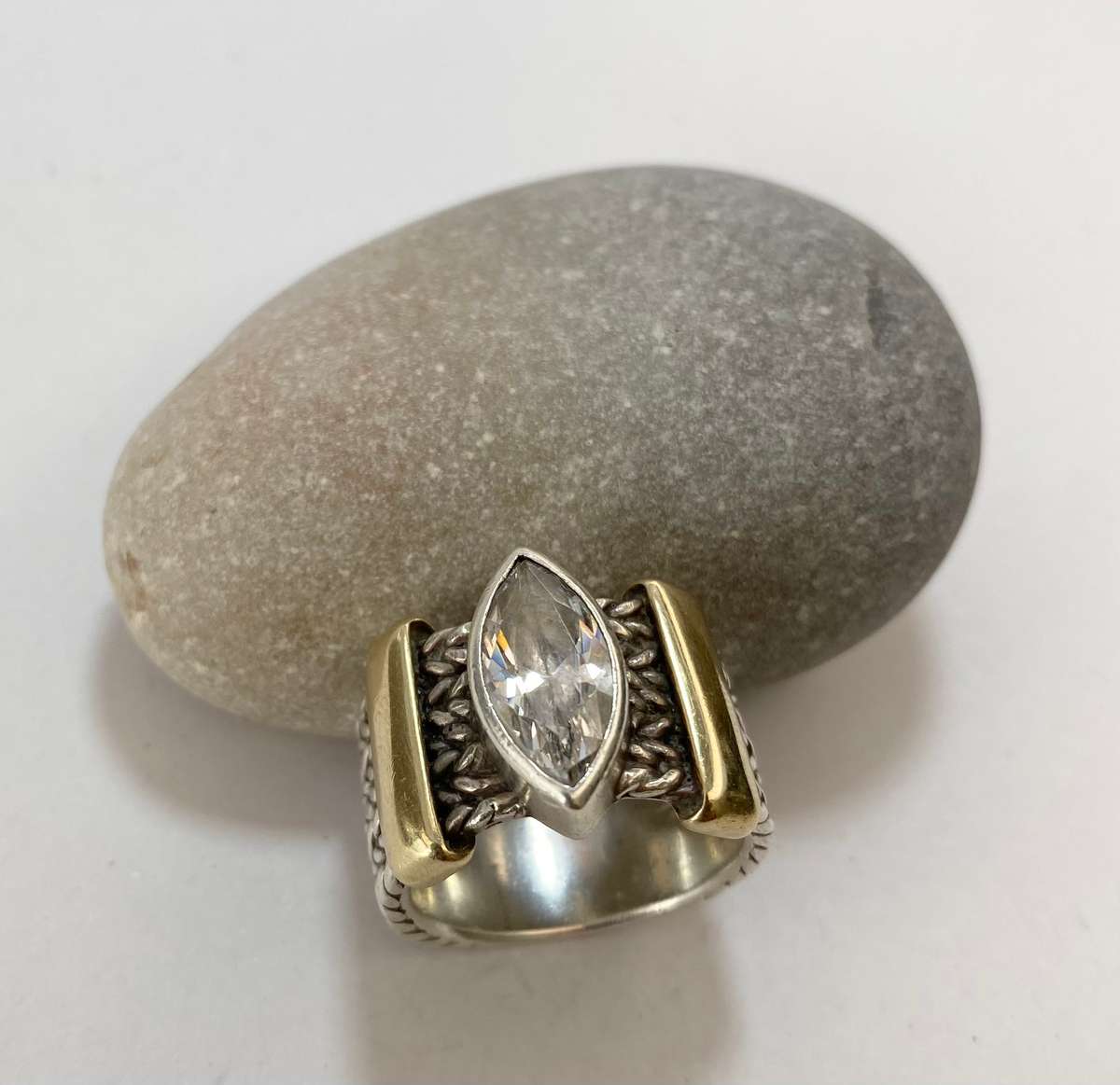 Ring - Heavy Silver Ring, Gold Bands Across Patterned Lines. Central Marquise White Stone #ML1173
