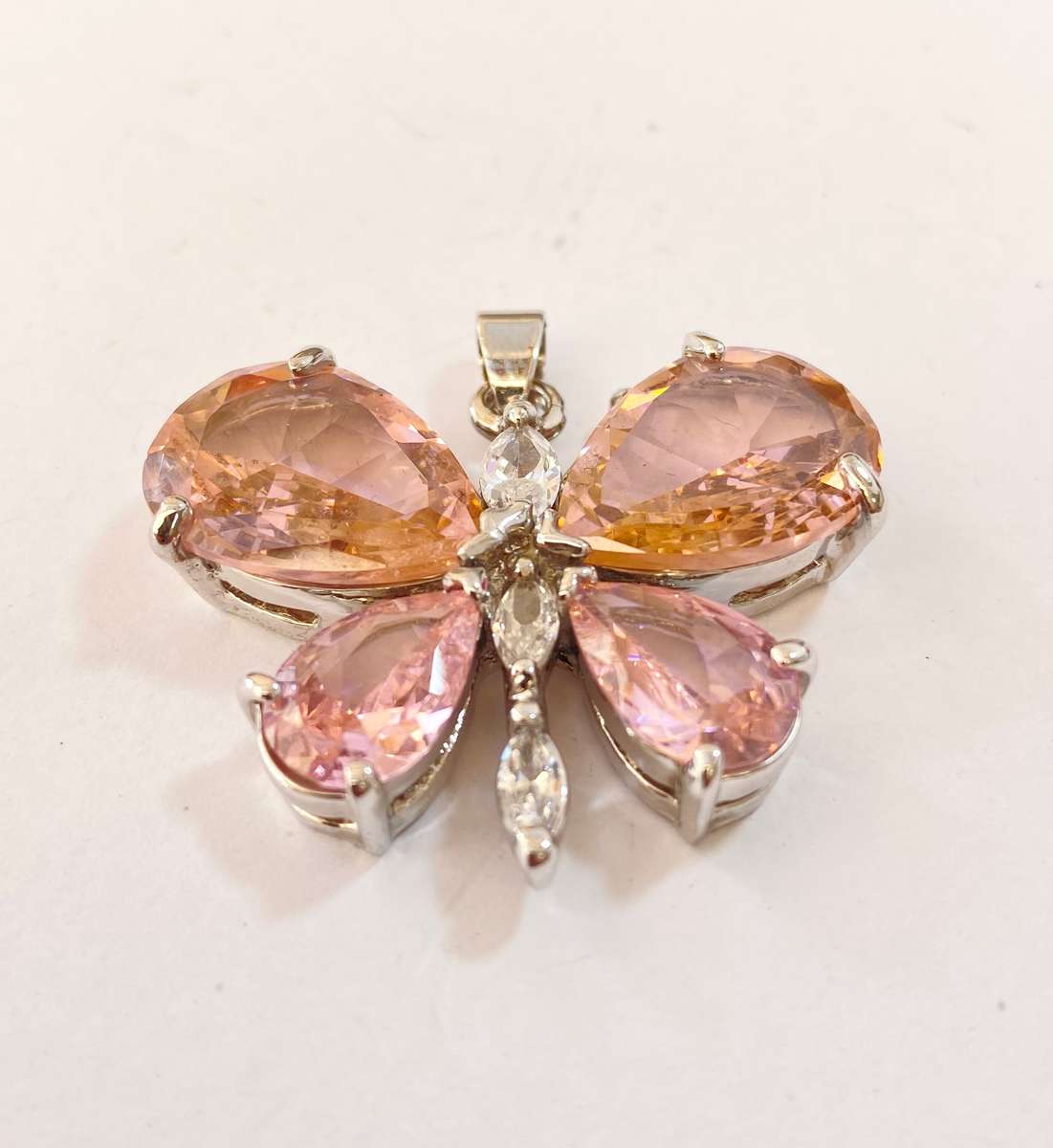 Pendant - Light Rose Gemstone Butterfly & Clear Stones. Silver Colour #ML1317