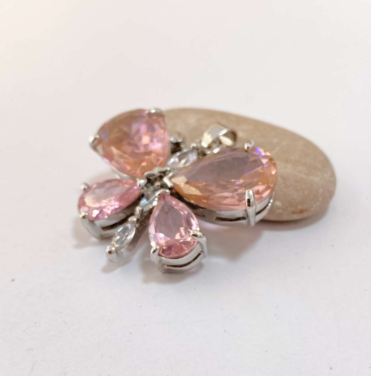 Pendant - Light Rose Gemstone Butterfly & Clear Stones. Silver Colour #ML1317