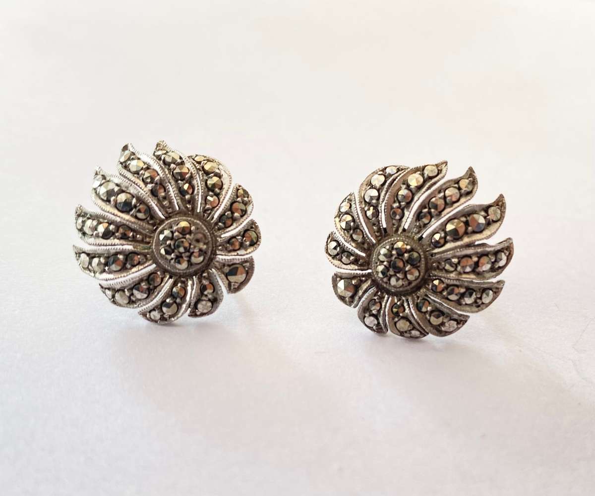 Earrings - Sterling Silver Screw On Earrings With Marcasite Flower Design #ML1426