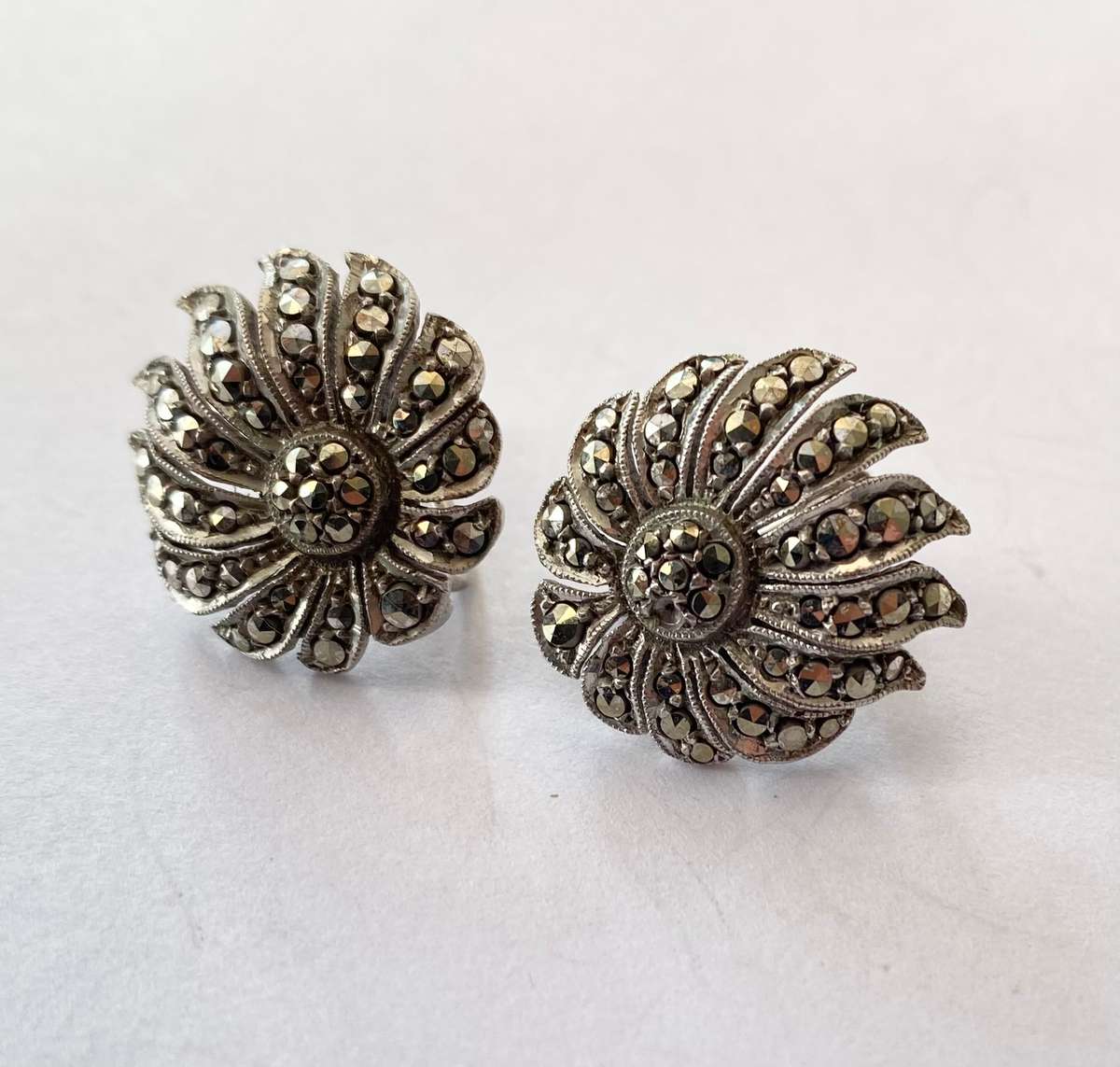 Earrings - Sterling Silver Screw On Earrings With Marcasite Flower Design #ML1426