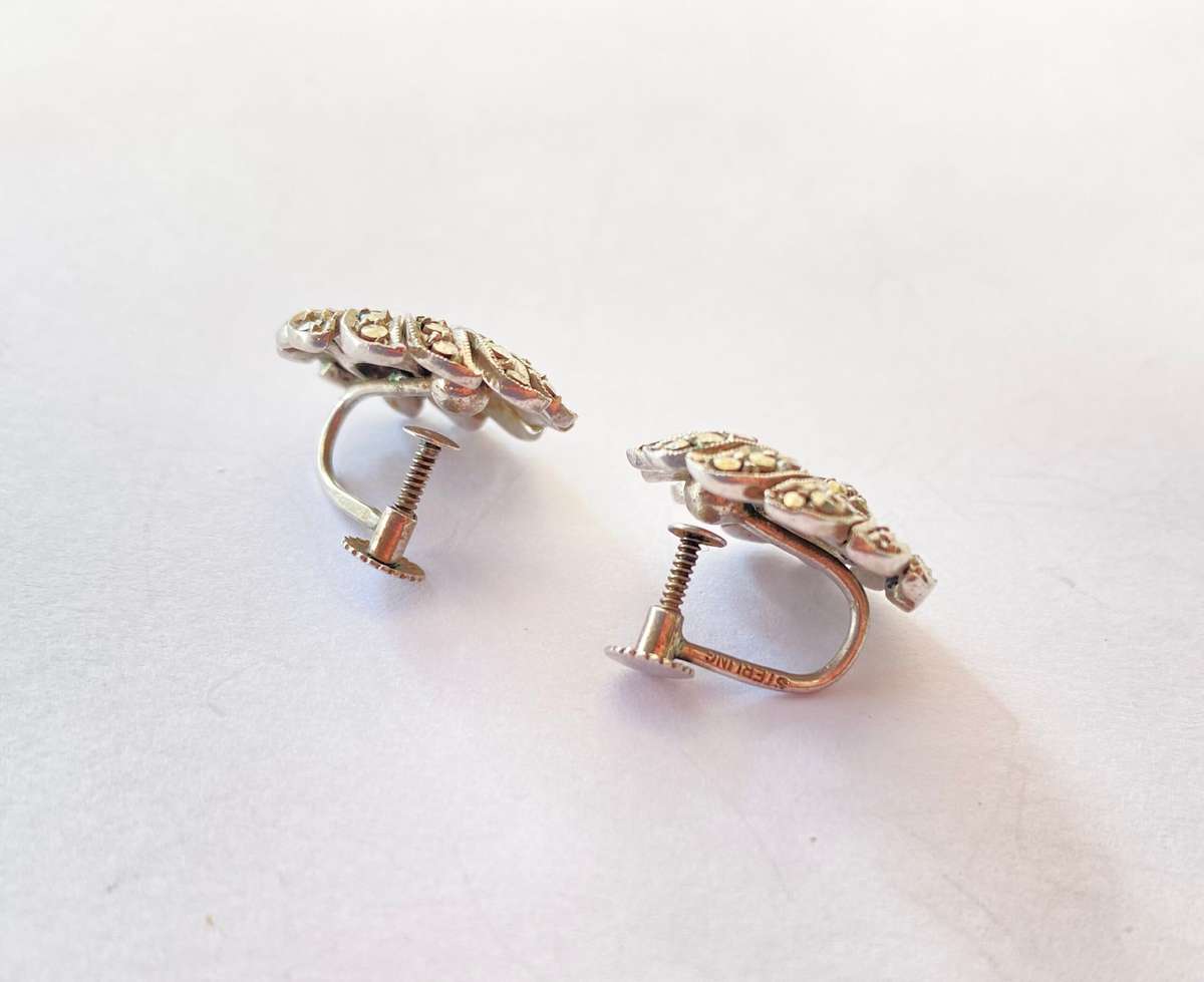 Earrings - Sterling Silver Screw On Earrings With Marcasite Flower Design #ML1426