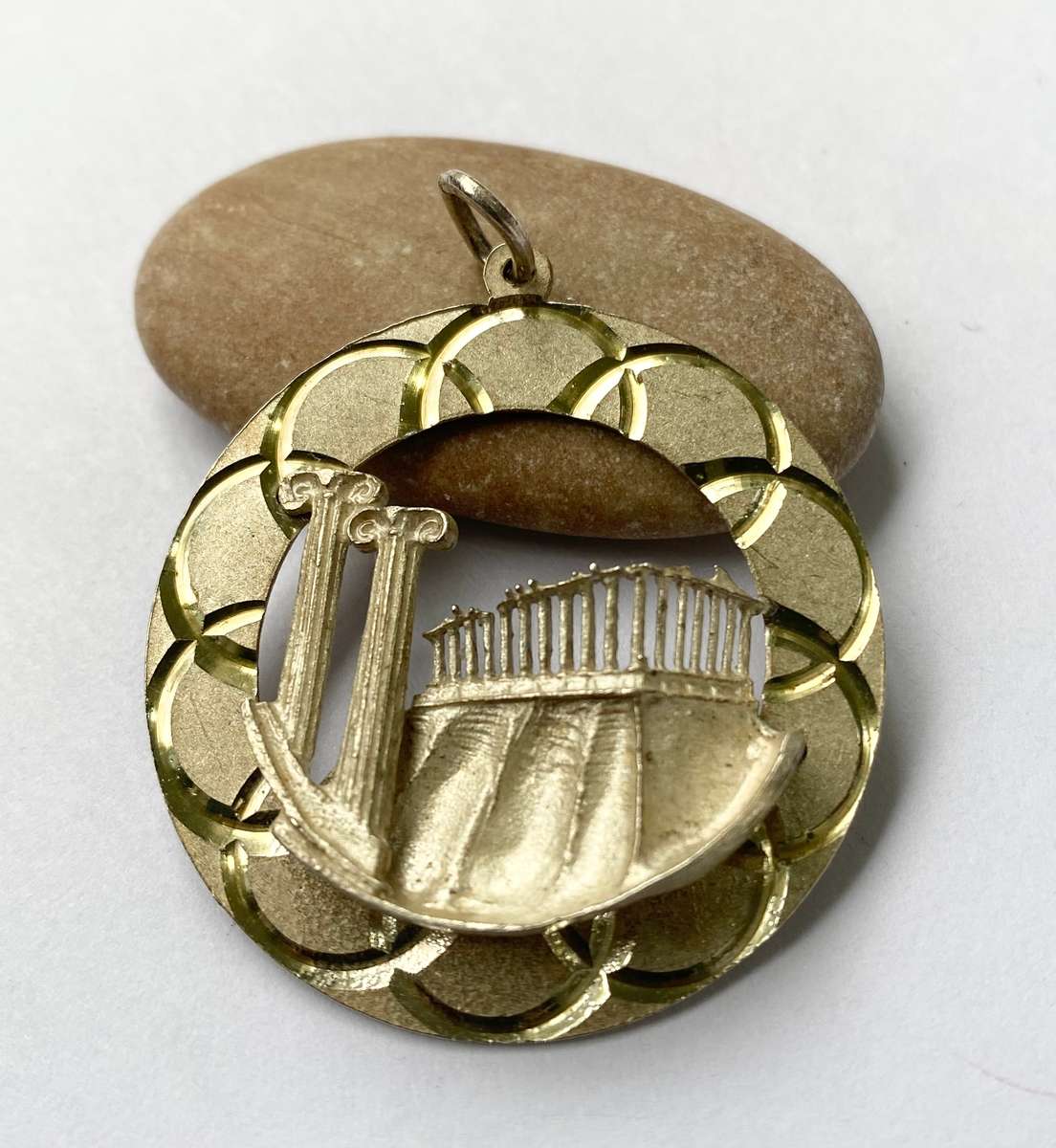 Pendant - Round Silver Disk With Greek Columns Inset #ML1558