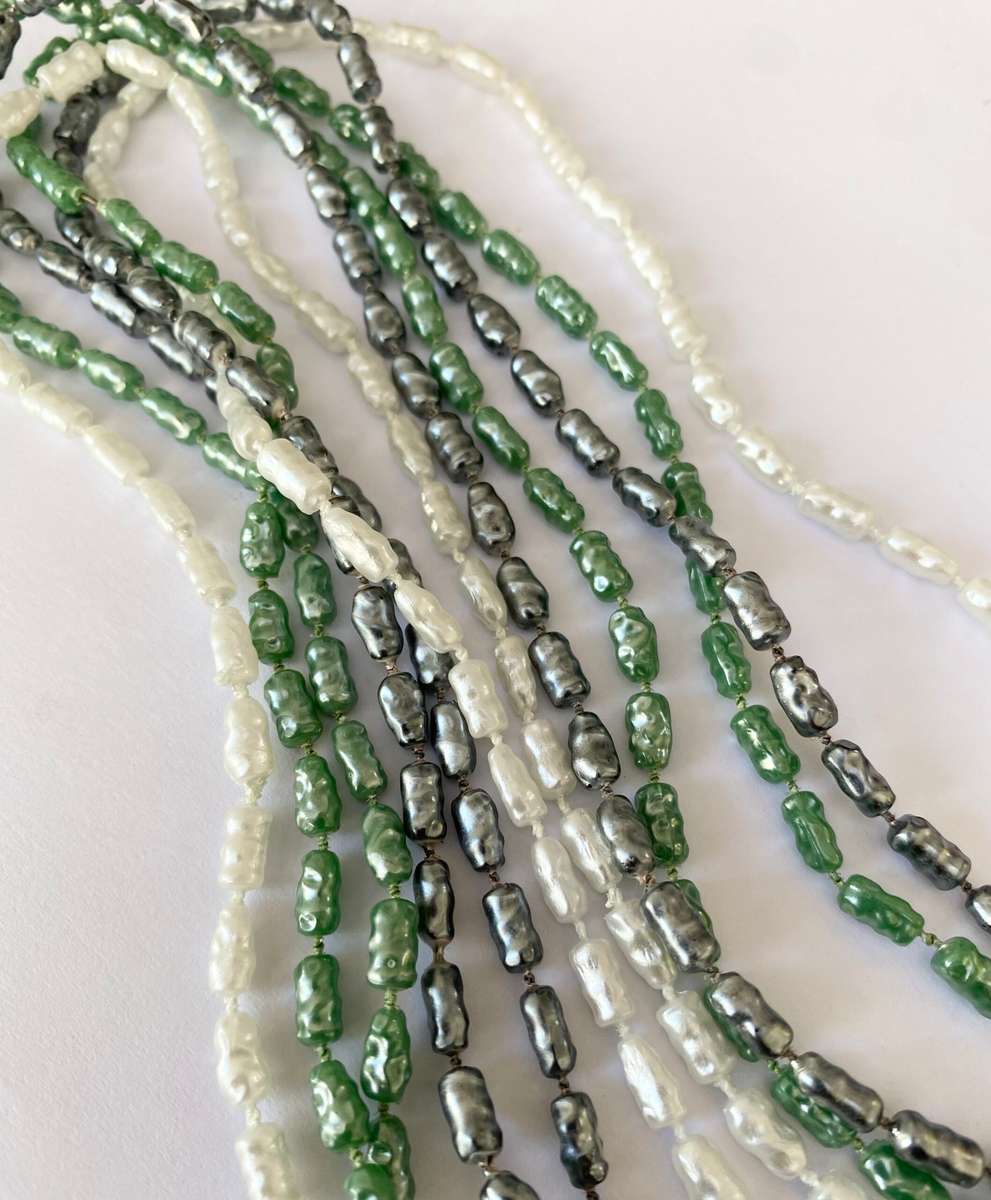 Necklace - 3 x Strands of Pearly Beads. Green, Grey, White #ML1666