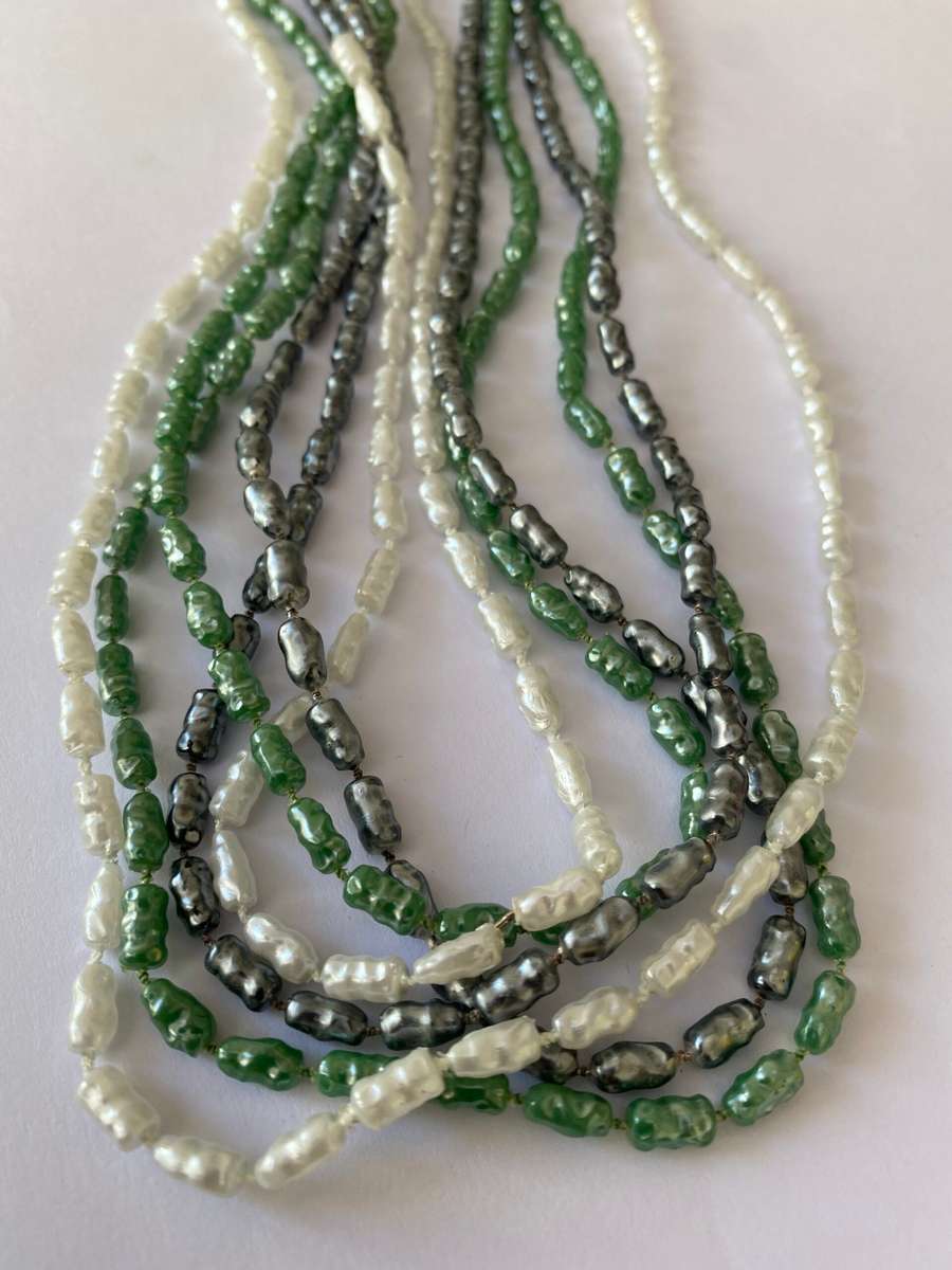 Necklace - 3 x Strands of Pearly Beads. Green, Grey, White #ML1666