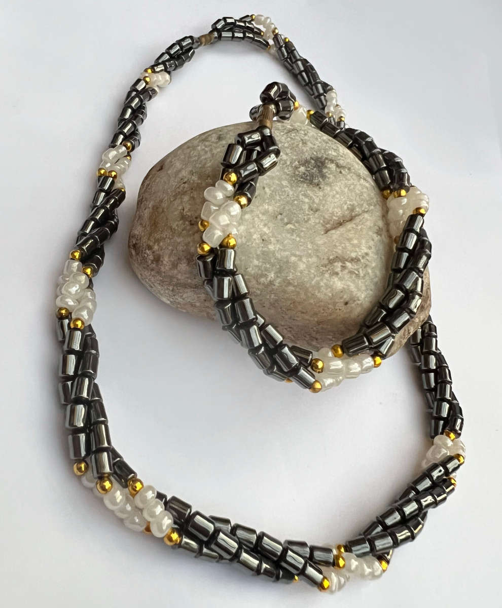 Set - 3 Strand Twisted Hematite Necklace and Bracelet, Rectangular Hematite separated by small Go...