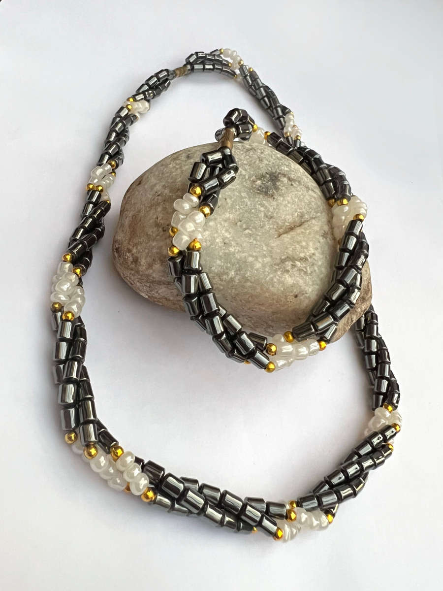 Set - 3 Strand Twisted Hematite Necklace and Bracelet, Rectangular Hematite separated by small Go...