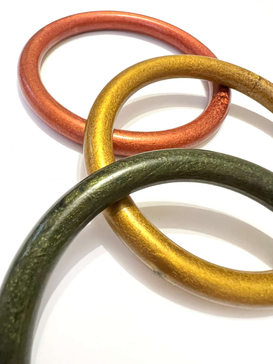 Bangle - Metallic Colour. Smooth Wood x3. Burnt Orange, Dark Green, Gold Colour ML1823