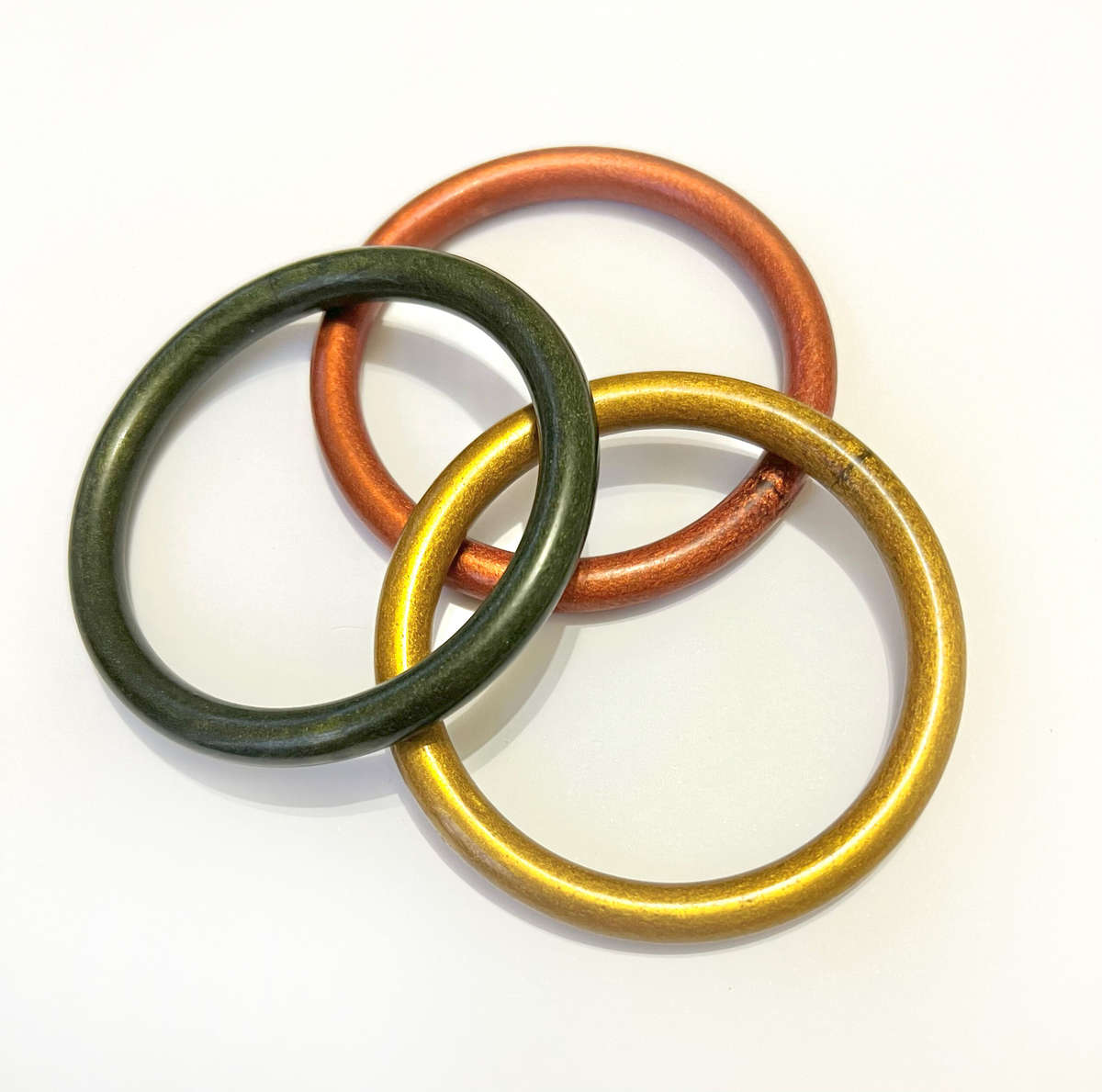 Bangle - Metallic Colour. Smooth Wood x3. Burnt Orange, Dark Green, Gold Colour ML1823