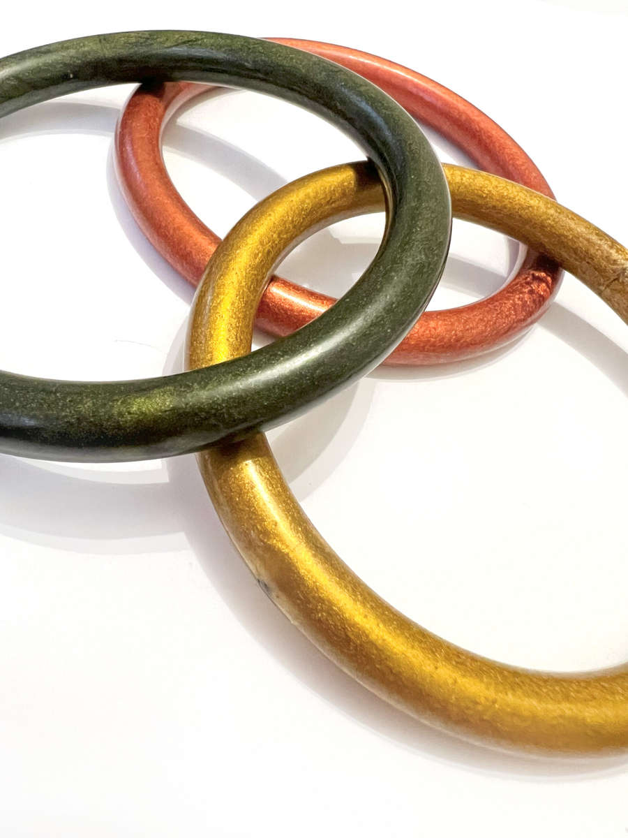 Bangle - Metallic Colour. Smooth Wood x3. Burnt Orange, Dark Green, Gold Colour ML1823