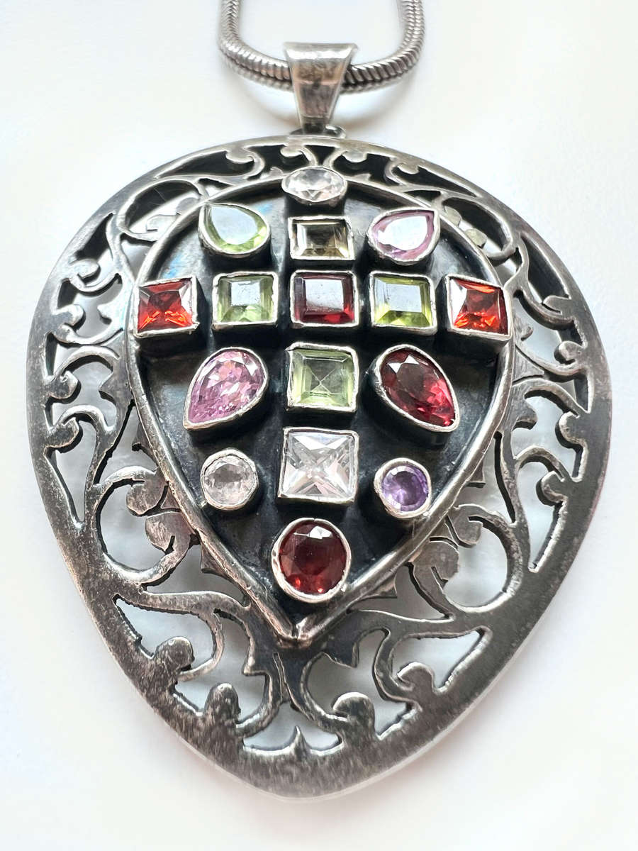 Necklace - 925 Silver Large Rustic Teardrop Shape with Mosaic Type Coloured Stones ML1930