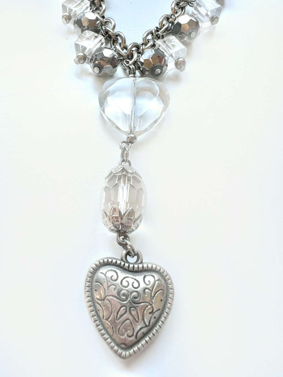 Necklace - Chunky Silver Chain with Plastic Dangle Beads, Dangle Hearts and Silver Tone Beads ML1933