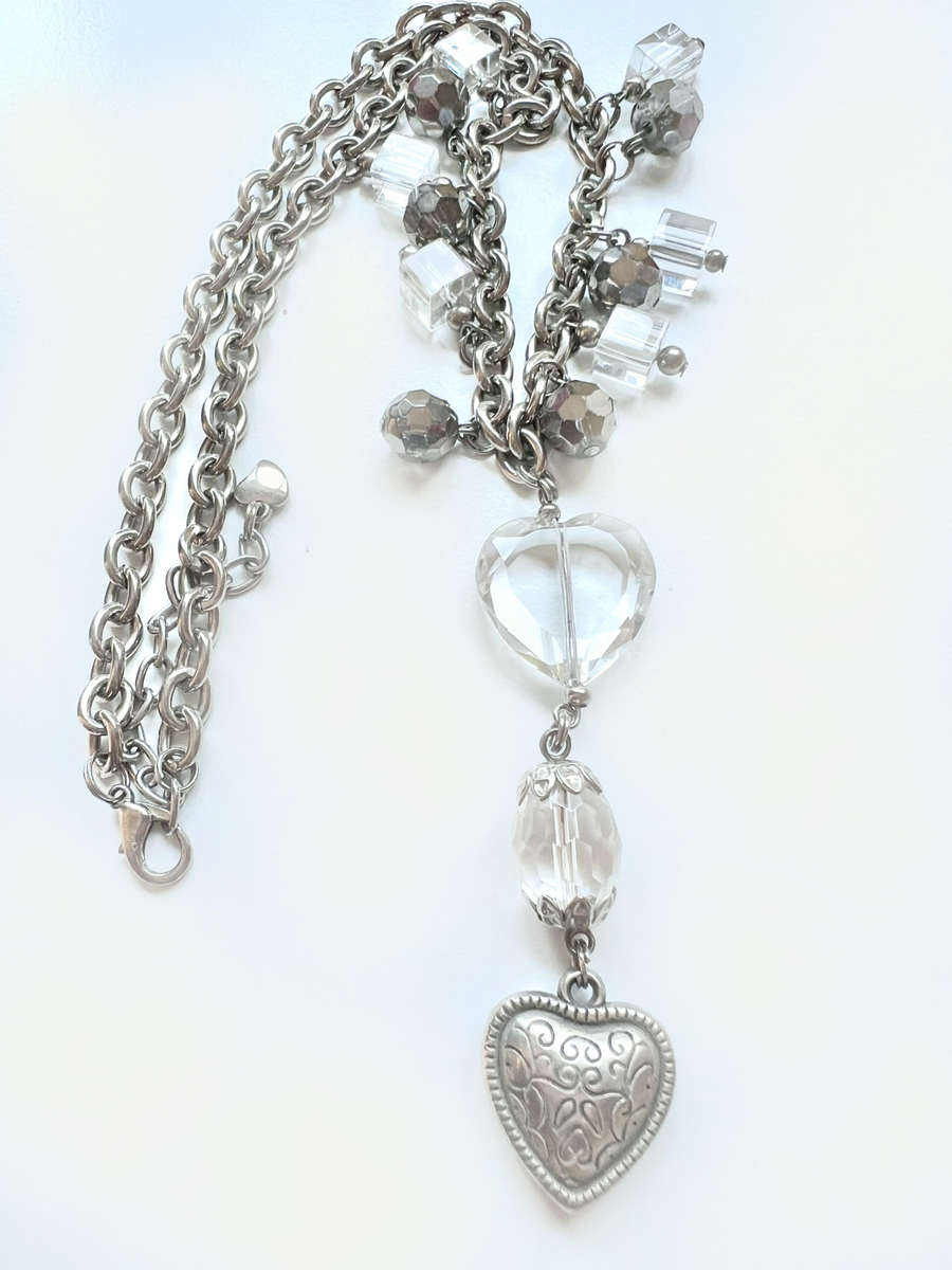 Necklace - Chunky Silver Chain with Plastic Dangle Beads, Dangle Hearts and Silver Tone Beads ML1933