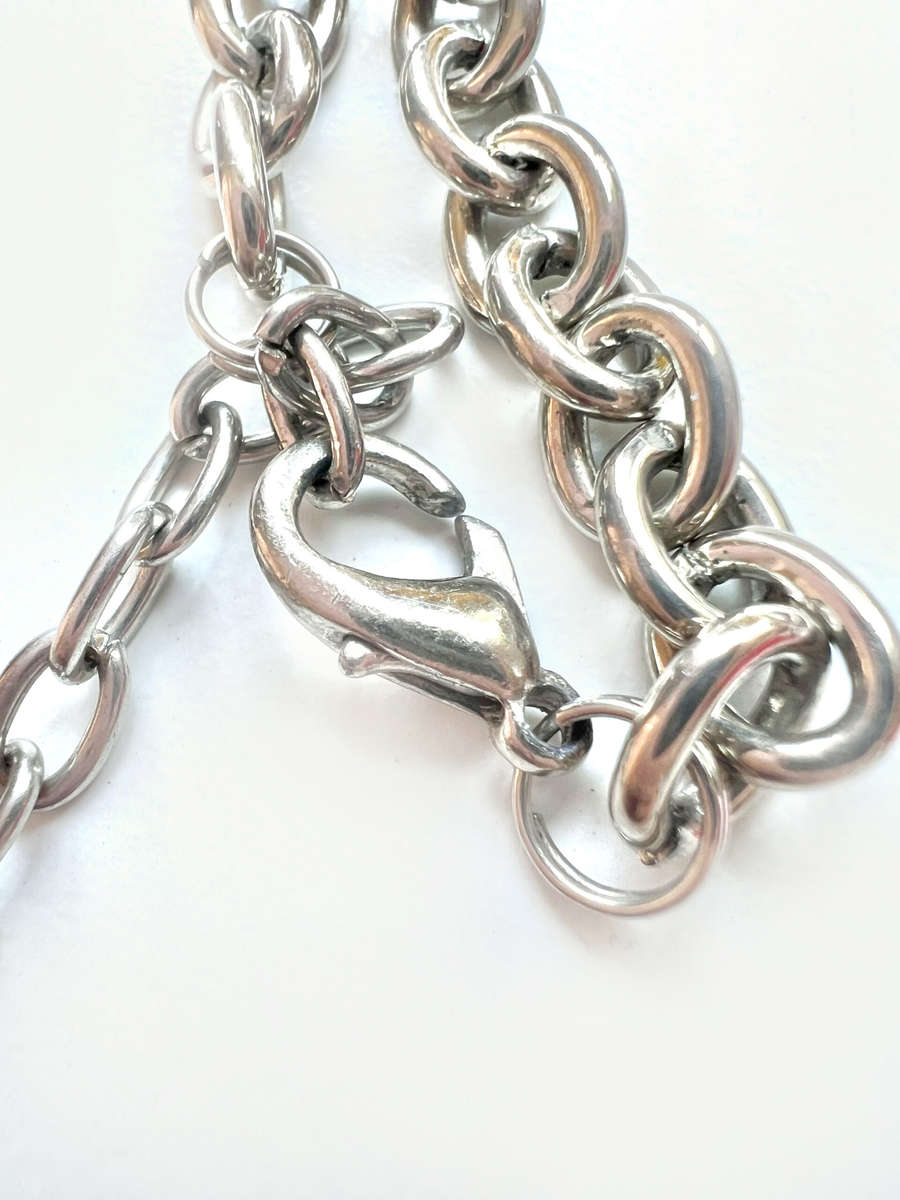 Necklace - Chunky Silver Chain with Plastic Dangle Beads, Dangle Hearts and Silver Tone Beads ML1933