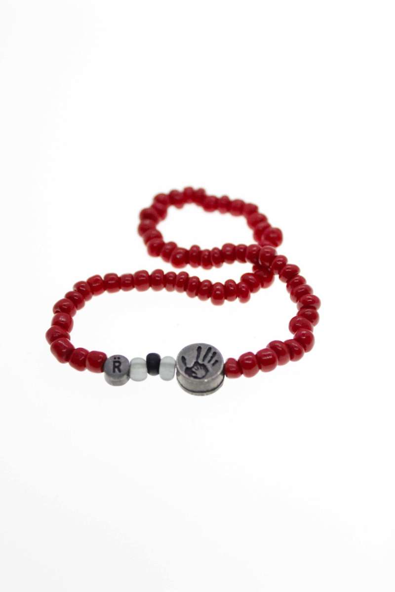 Bracelet - Vintage Jasper Beaded Bracelet Stretchable with Silver Tone Button "Helping Hand" - ML...