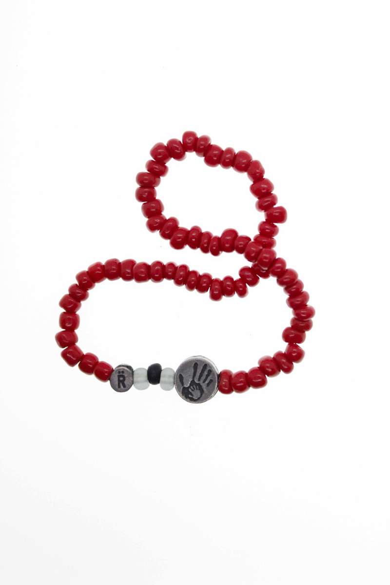 Bracelet - Vintage Jasper Beaded Bracelet Stretchable with Silver Tone Button "Helping Hand" - ML...