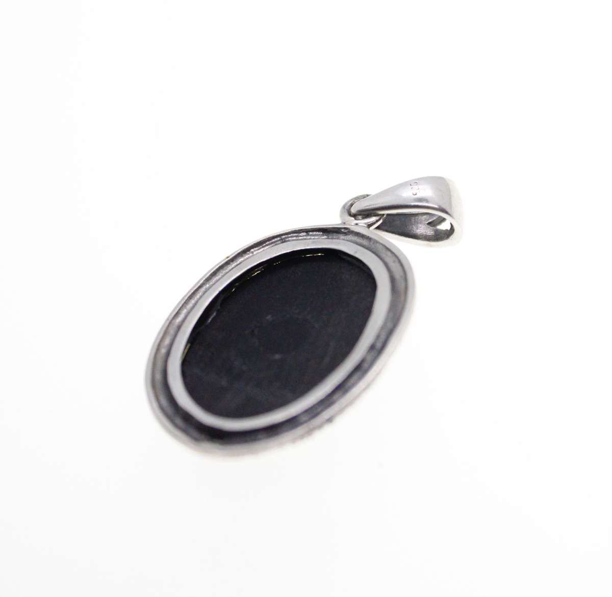Pendant - 925 Silver. Black Enamel Oval with Marcasite Fleur De Lis - ML2530