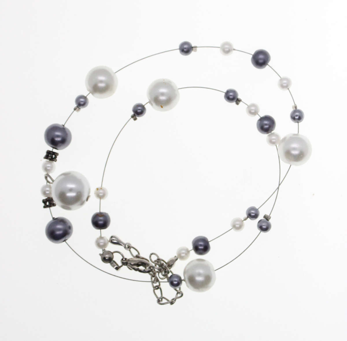Necklace -  Silver Tone Pearly and Black Beaded Necklace on Gut . Assorted Sizes - ML2588