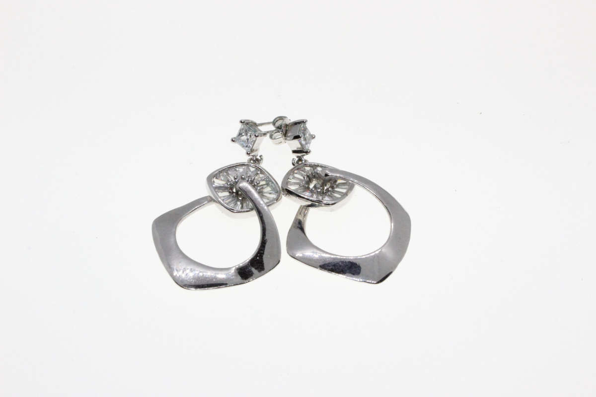 Earrings - Vintage Silver Tone Dangle with Arranged Diamantes & Irregular Diamond Style Loop - ML...