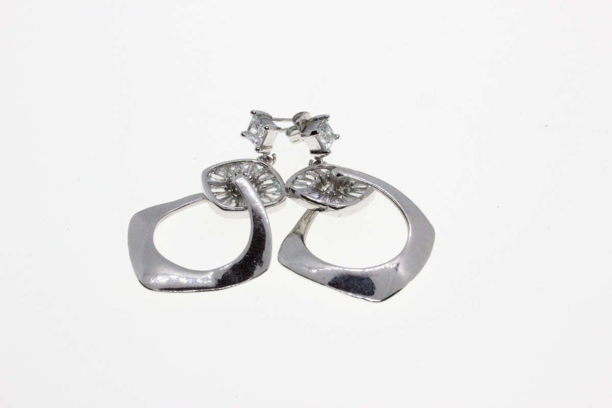 Earrings - Vintage Silver Tone Dangle with Arranged Diamantes & Irregular Diamond Style Loop - ML...