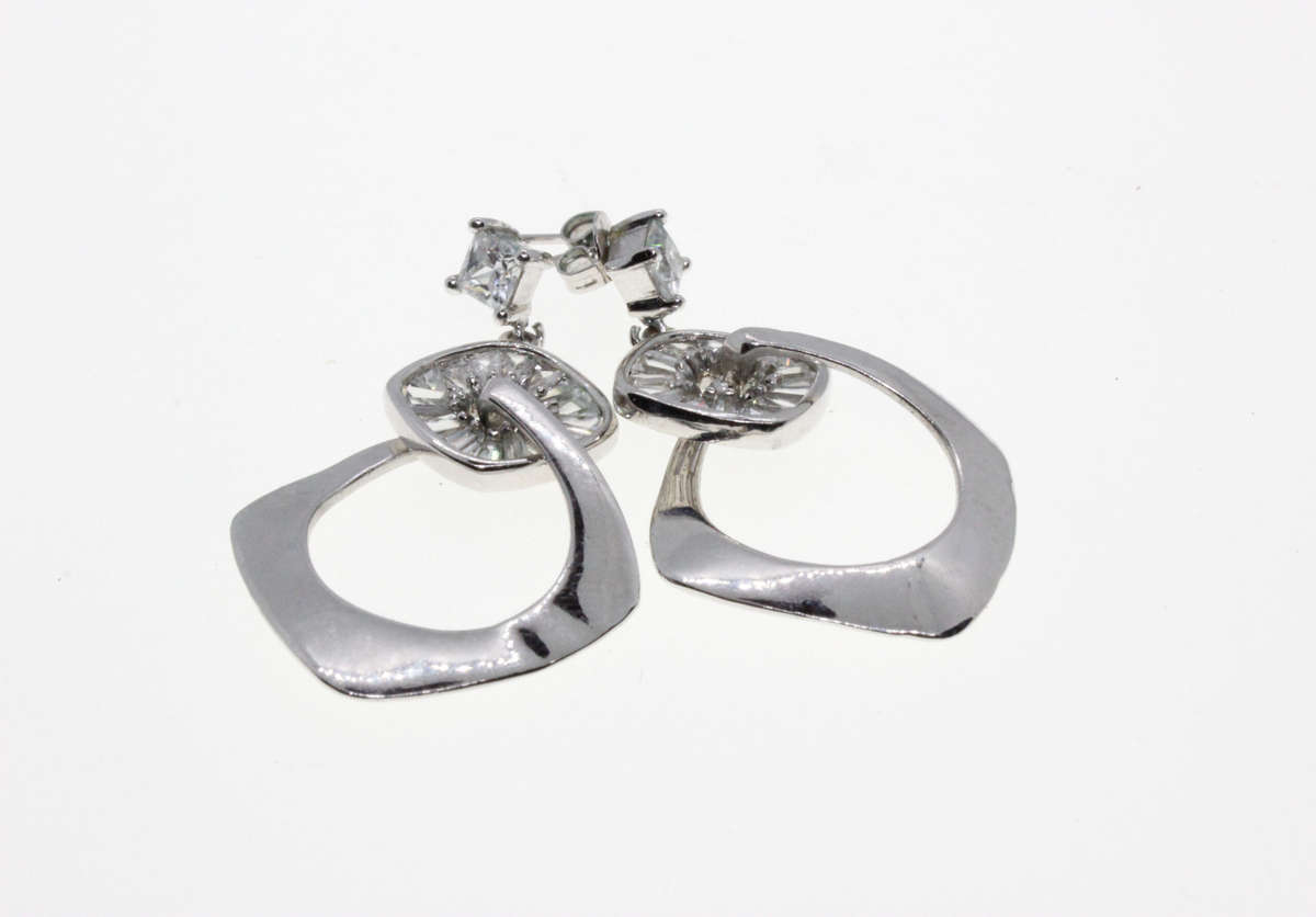 Earrings - Vintage Silver Tone Dangle with Arranged Diamantes & Irregular Diamond Style Loop - ML...