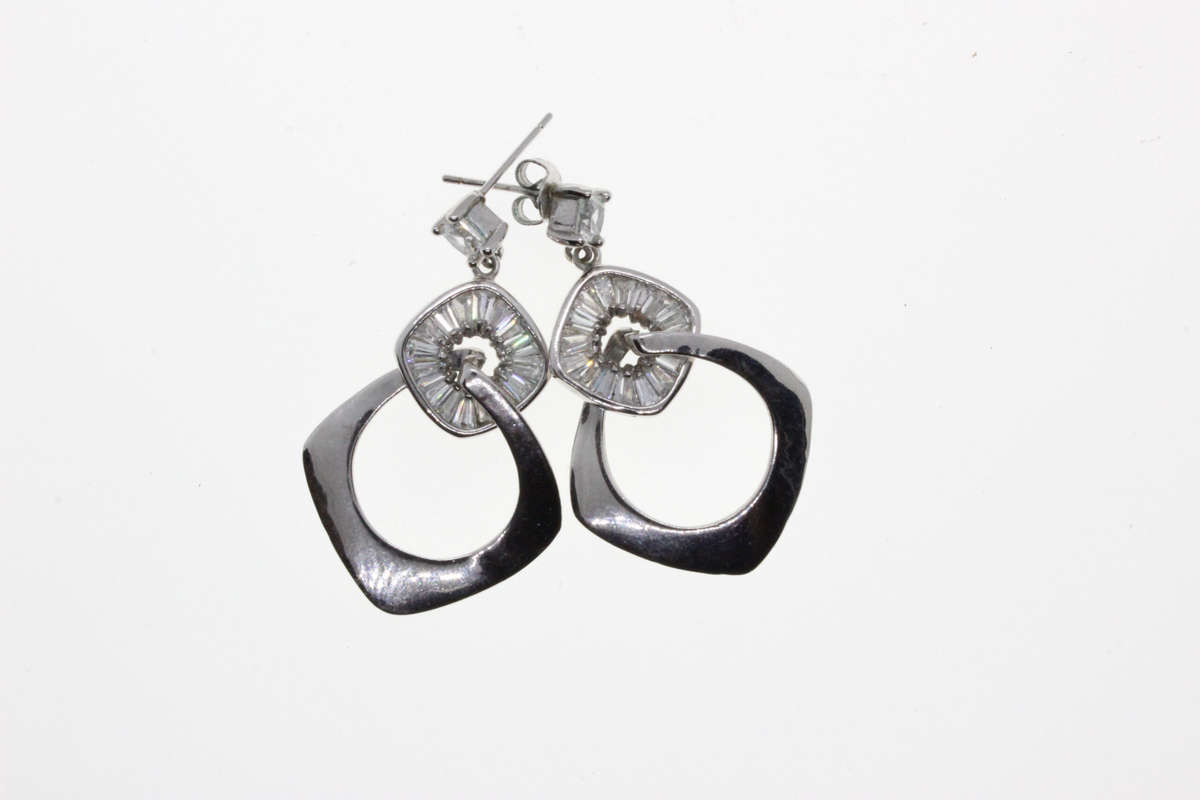 Earrings - Vintage Silver Tone Dangle with Arranged Diamantes & Irregular Diamond Style Loop - ML...