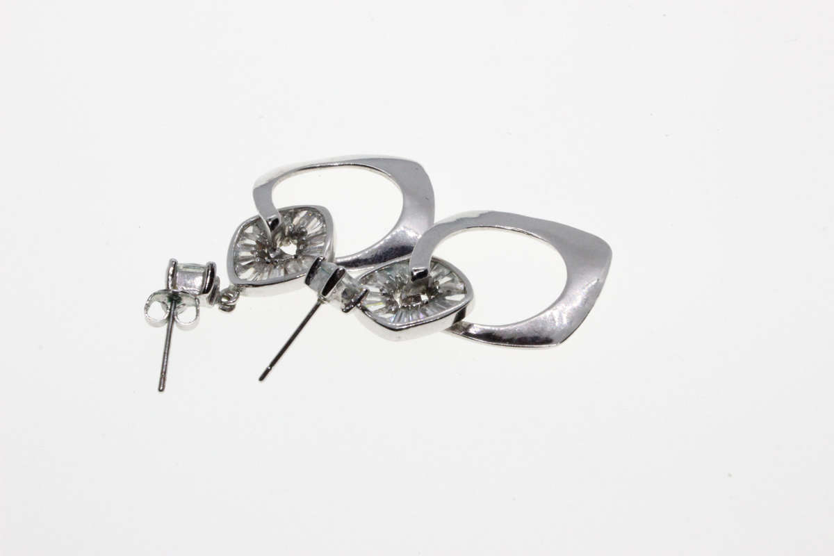 Earrings - Vintage Silver Tone Dangle with Arranged Diamantes & Irregular Diamond Style Loop - ML...