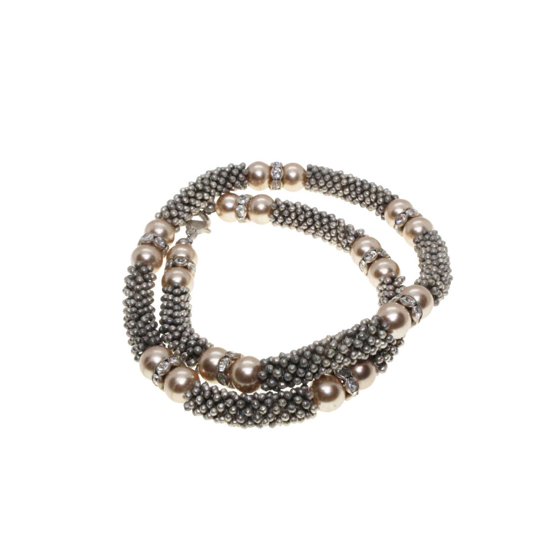 Necklace -Silver Tone Mesh Necklace. Faux Gold Pearls/Diamantes. - ML2772