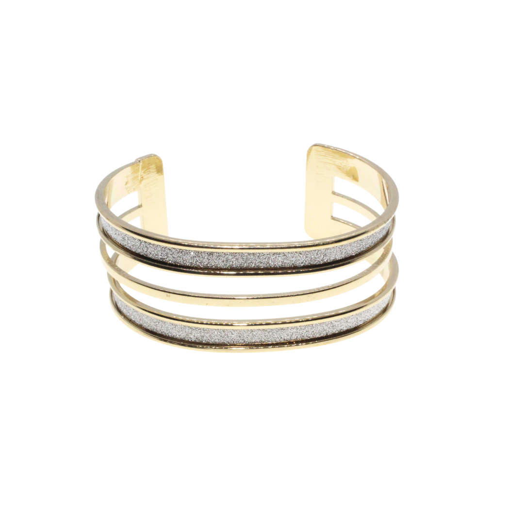 Bangle - Gold Tone Cuff Style Design. 3 Strands with Silver Glitter Inlay - ML2994