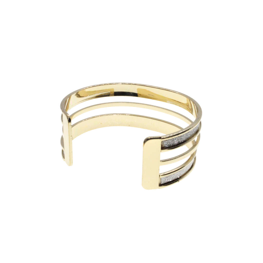 Bangle - Gold Tone Cuff Style Design. 3 Strands with Silver Glitter Inlay - ML2994