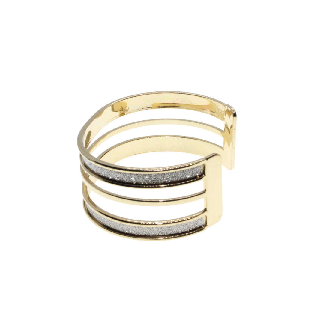 Bangle - Gold Tone Cuff Style Design. 3 Strands with Silver Glitter Inlay - ML2994