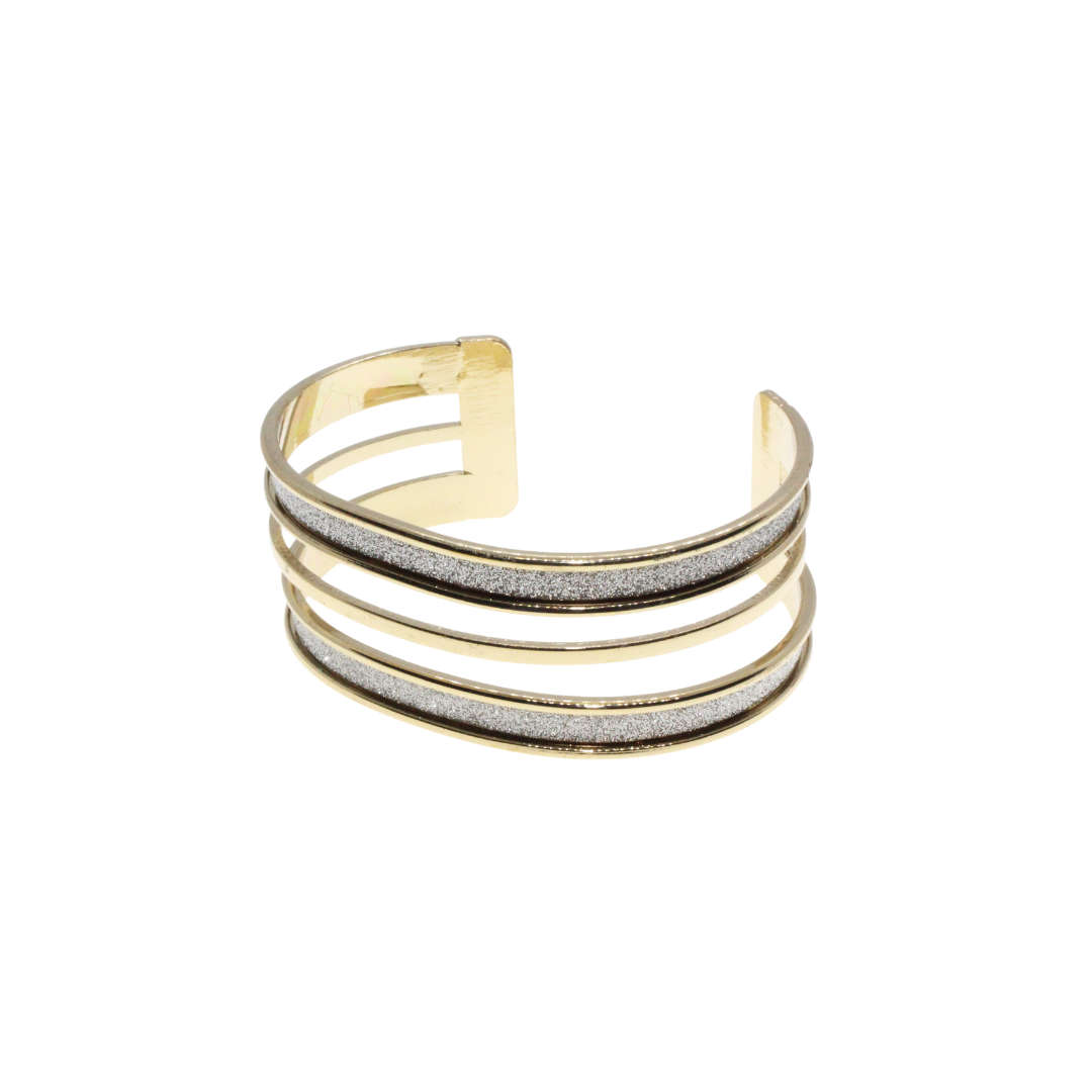 Bangle - Gold Tone Cuff Style Design. 3 Strands with Silver Glitter Inlay - ML2994
