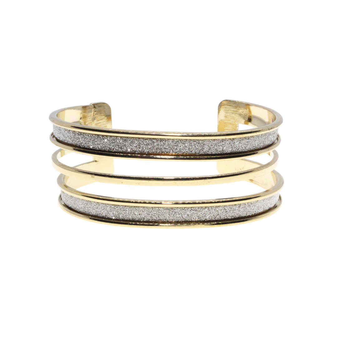 Bangle - Gold Tone Cuff Style Design. 3 Strands with Silver Glitter Inlay - ML2994