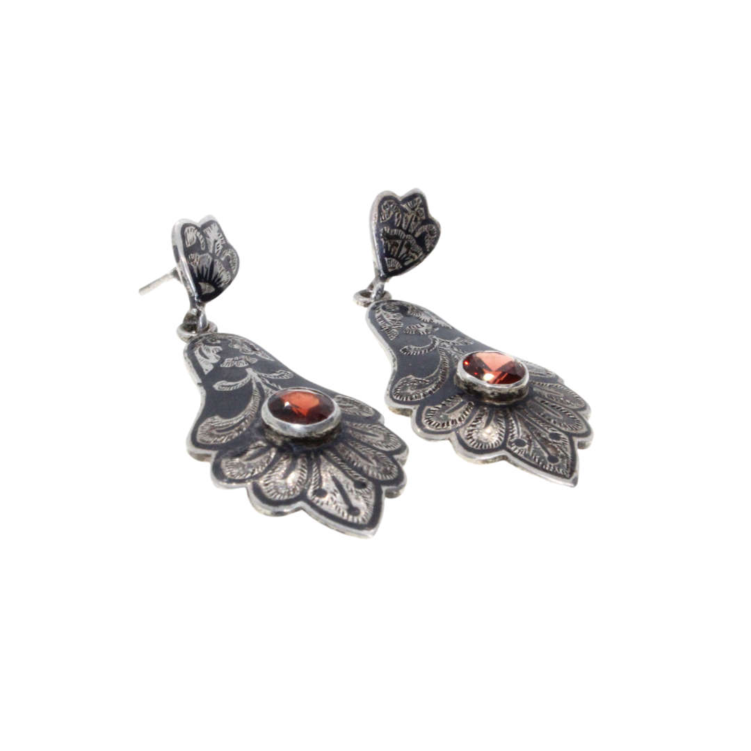 Earrings - 925 Silver Vintage Dangle Siam Pattern.  Red Centre Stone. Pierced ears. - ML3086