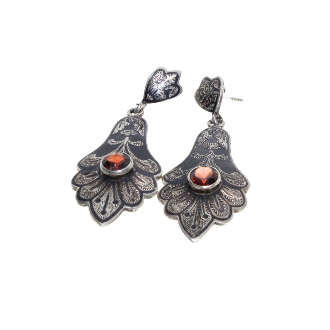 Earrings - 925 Silver Vintage Dangle Siam Pattern.  Red Centre Stone. Pierced ears. - ML3086