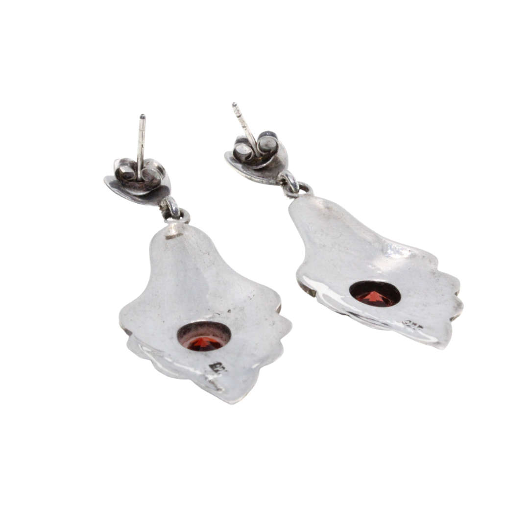 Earrings - 925 Silver Vintage Dangle Siam Pattern.  Red Centre Stone. Pierced ears. - ML3086