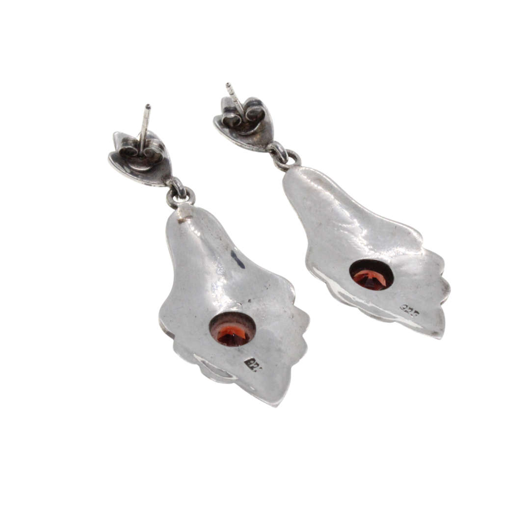 Earrings - 925 Silver Vintage Dangle Siam Pattern.  Red Centre Stone. Pierced ears. - ML3086