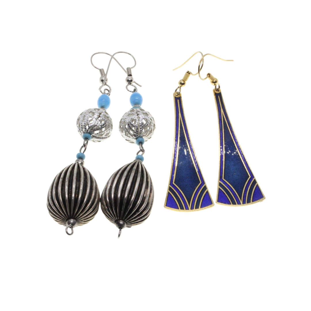 Earrings - Gold Tone Dangly Blue/Gold. Silver Tone Dangly Turquoise/Silver.  Pierced Ears - ML3087