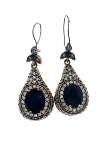 Earrings - 925 Silver Vintage Earrings, Large Sapphire Stones Surrounded by Diamantes - ML2118