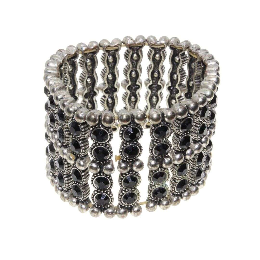Bracelet - Silver Tone Chunky Wide Expandable Band surrounded with Black Beads - ML3148